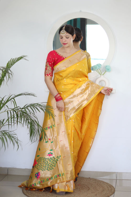 Load image into Gallery viewer, Lovely Yellow Paithani Silk Saree With Gorgeous Blouse Piece
