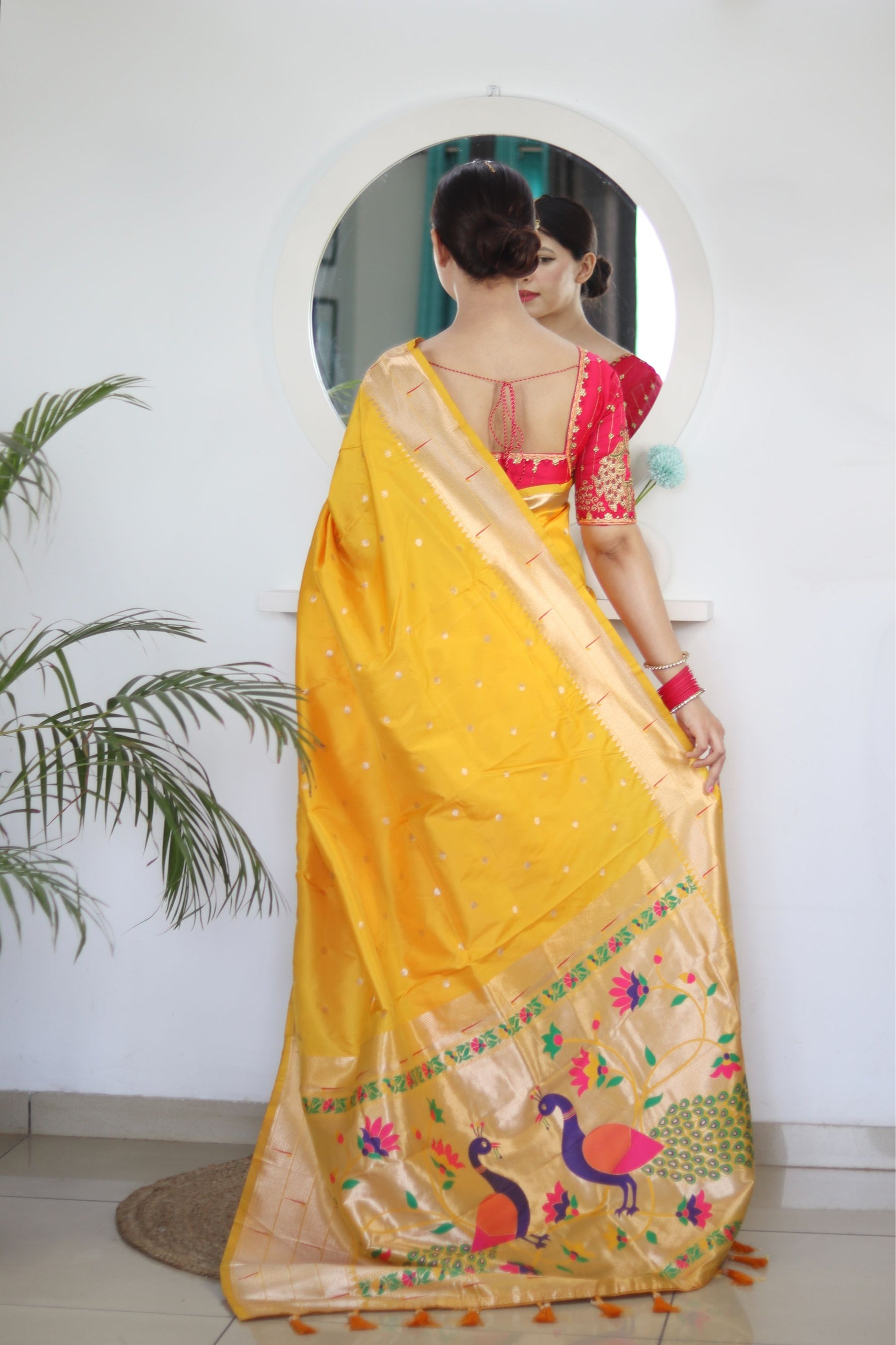 Lovely Yellow Paithani Silk Saree With Gorgeous Blouse Piece