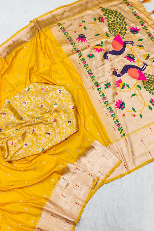 Load image into Gallery viewer, Lovely Yellow Paithani Silk Saree With Gorgeous Blouse Piece
