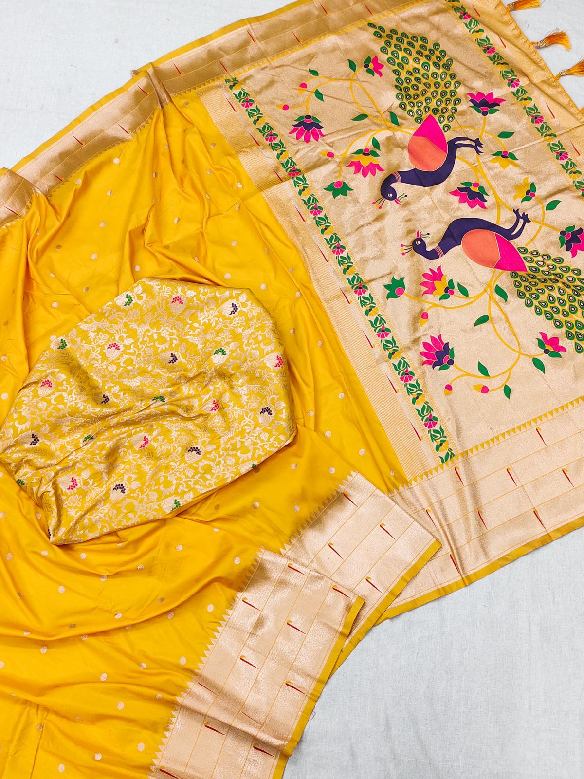 Lovely Yellow Paithani Silk Saree With Gorgeous Blouse Piece