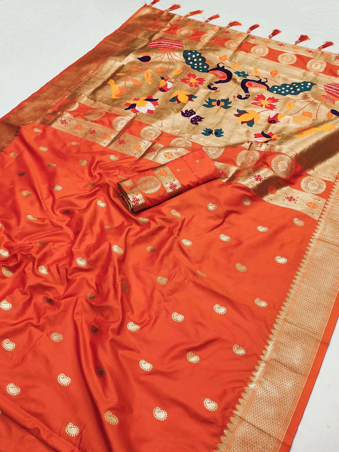 Confounding Orange Paithani Silk Saree With Fantabulous Blouse Piece