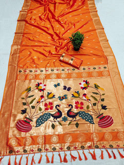 Confounding Orange Paithani Silk Saree With Fantabulous Blouse Piece