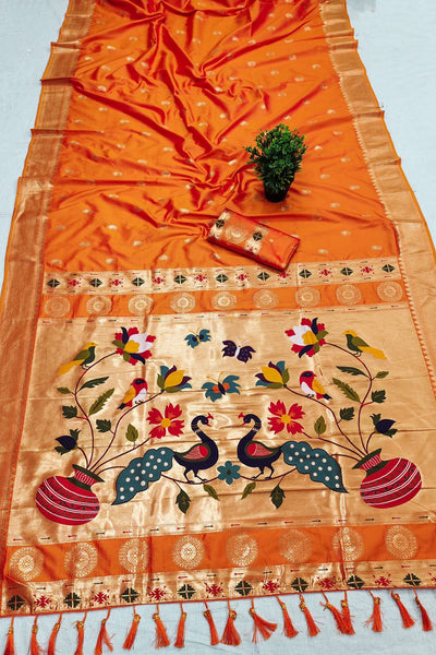 Confounding Orange Paithani Silk Saree With Fantabulous Blouse Piece