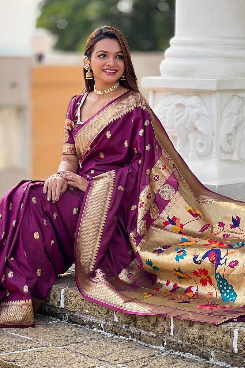 Elaborate Purple Paithani Silk Saree With Scintillating Blouse Piece