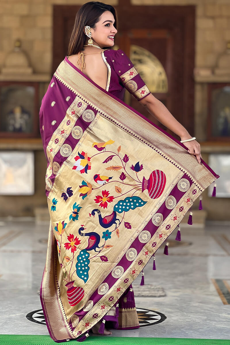 Elaborate Purple Paithani Silk Saree With Scintillating Blouse Piece