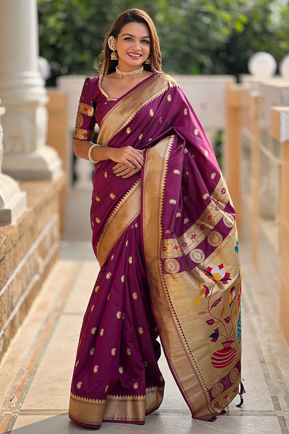 Elaborate Purple Paithani Silk Saree With Scintillating Blouse Piece