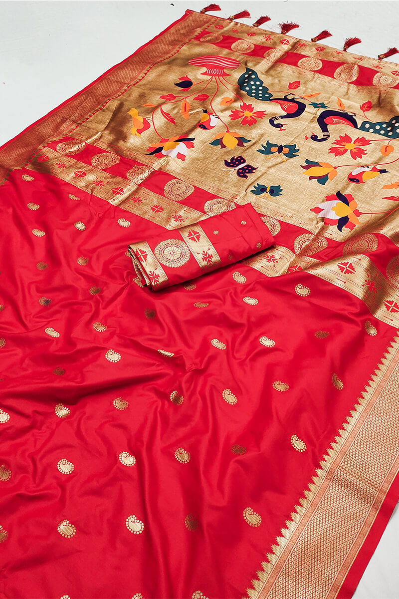 Rhapsody Red Paithani Silk Saree With Imaginative Blouse Piece