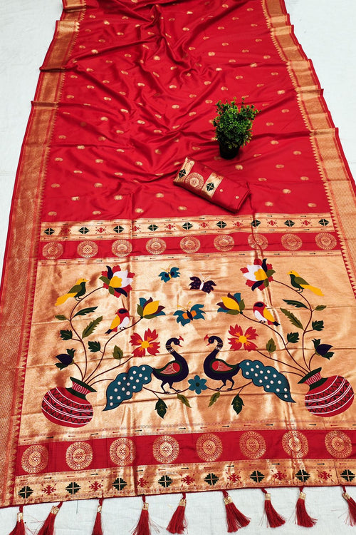 Load image into Gallery viewer, Rhapsody Red Paithani Silk Saree With Imaginative Blouse Piece
