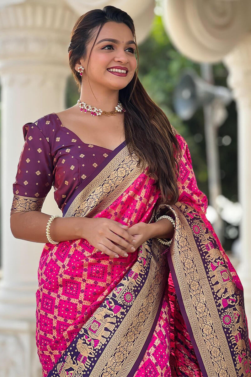 Sizzling Dark Pink Patola Silk Saree with Wonderful Blouse Piece