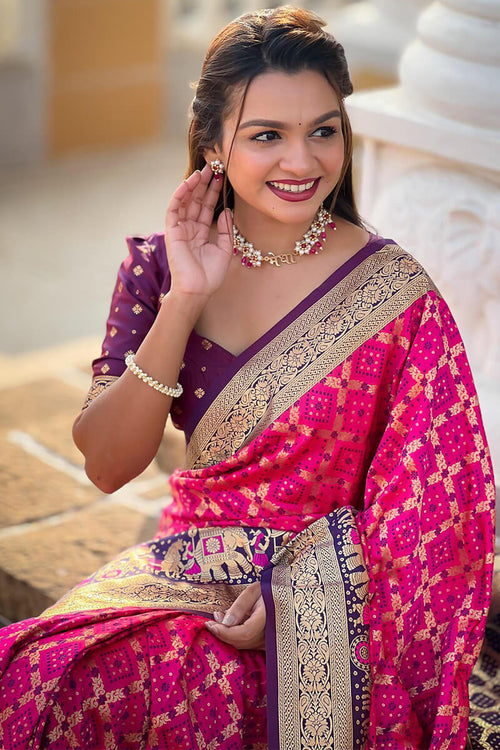 Load image into Gallery viewer, Sizzling Dark Pink Patola Silk Saree with Wonderful Blouse Piece
