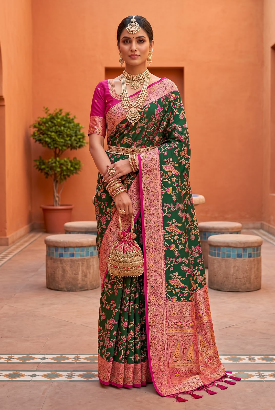 Splendiferous Dark Green Pure Banarasi Silk Saree With Efflorescence Blouse Piece