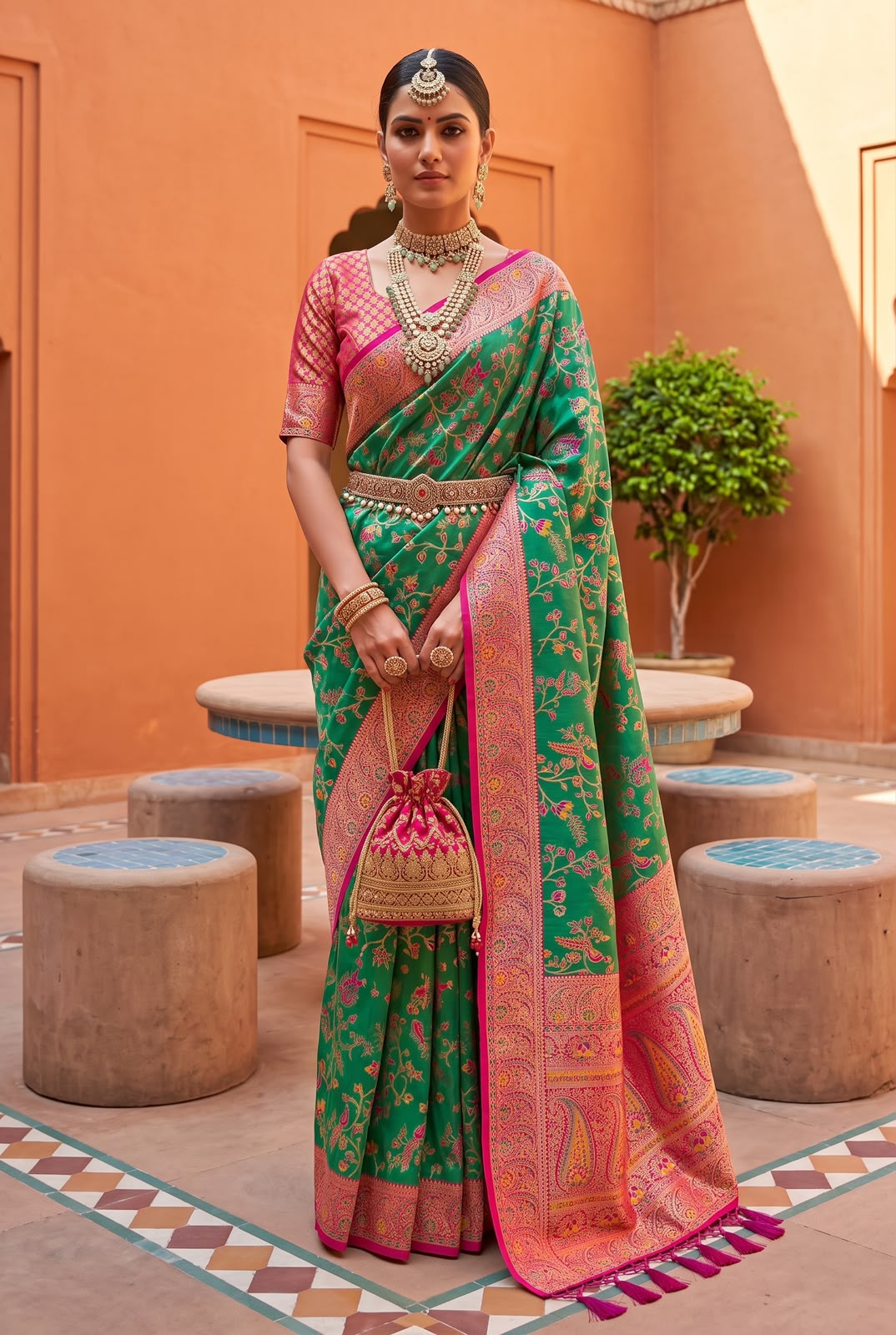 Breathtaking Green Pure Banarasi Silk Saree With Artistic Blouse Piece