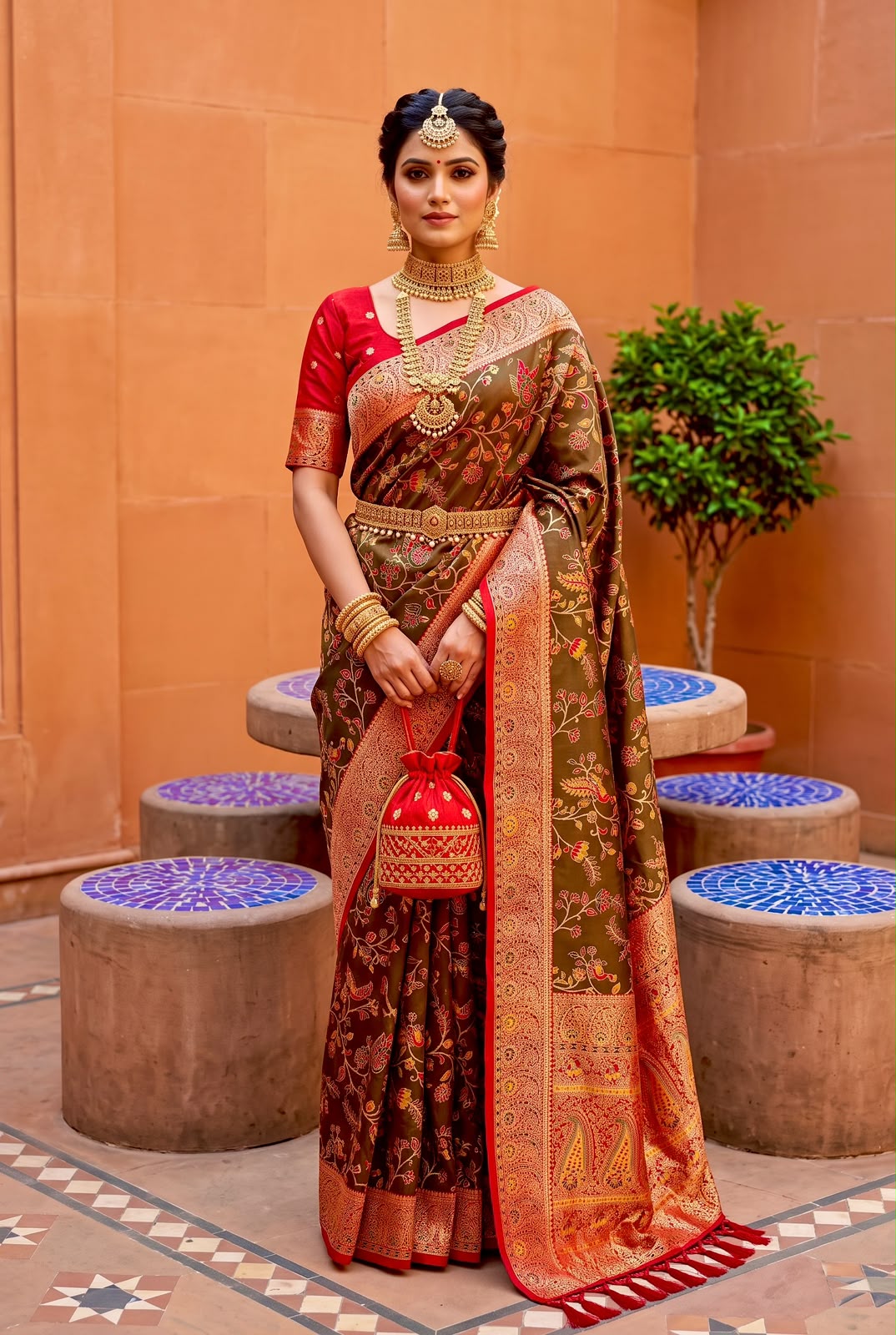 Desiring Mehndi Pure Banarasi Silk Saree With Fantabulous Blouse Piece