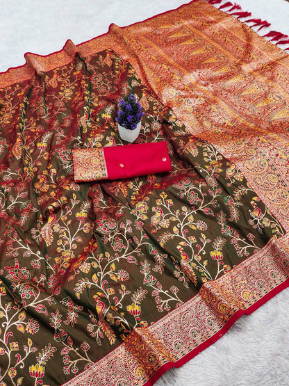 Desiring Mehndi Pure Banarasi Silk Saree With Fantabulous Blouse Piece