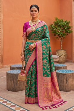 Enchanting Rama Pure Banarasi Silk Saree With Fairytale Blouse Piece