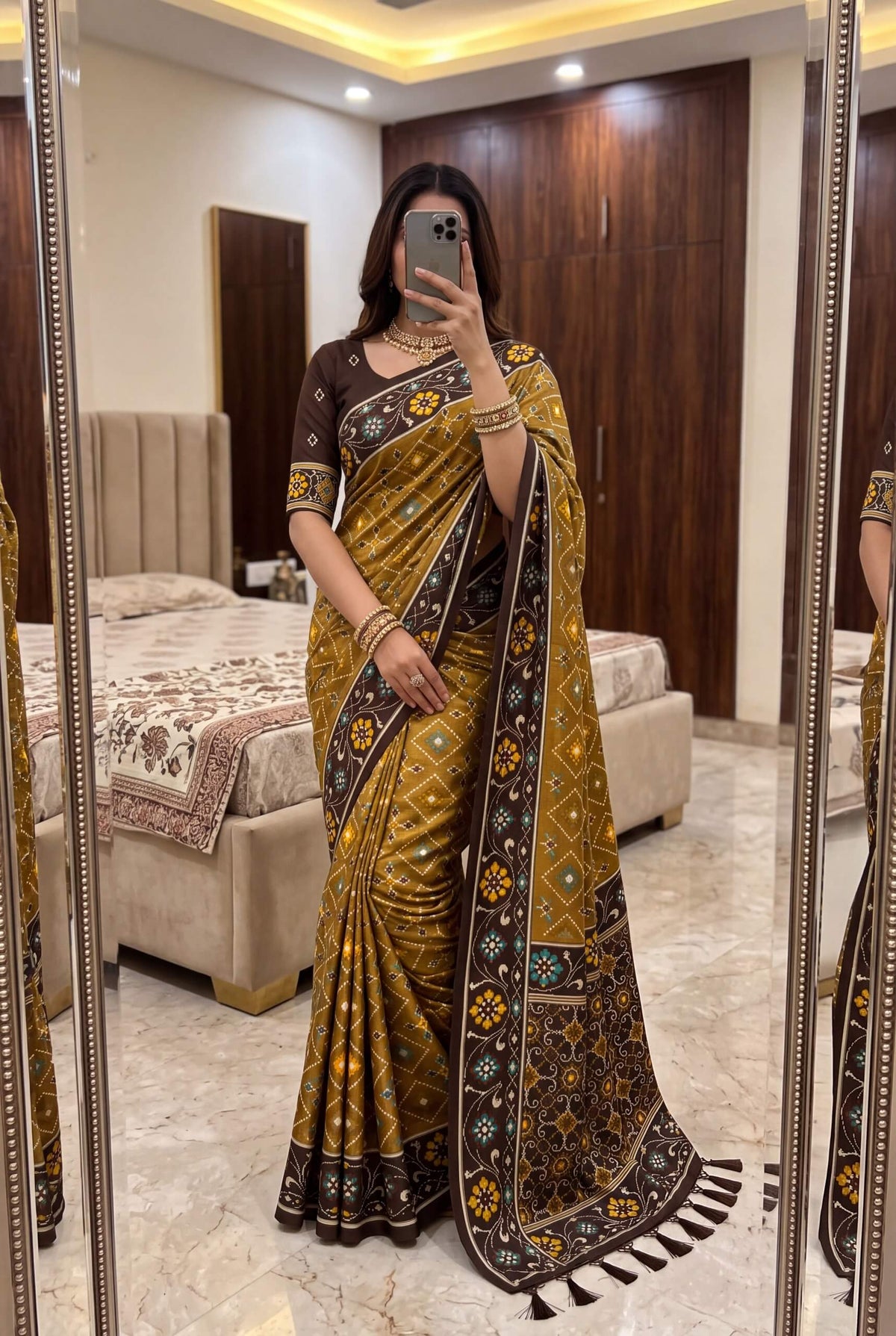 Luxuriant Mustard Patola Silk Saree with Exquisite Blouse Piece