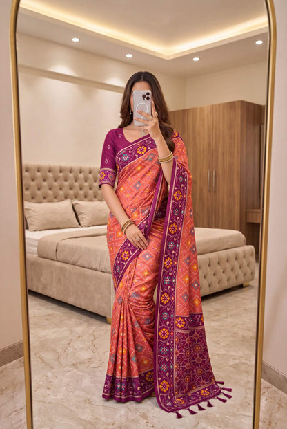 Opulent Pink Patola Silk Saree with Magnetic Blouse Piece