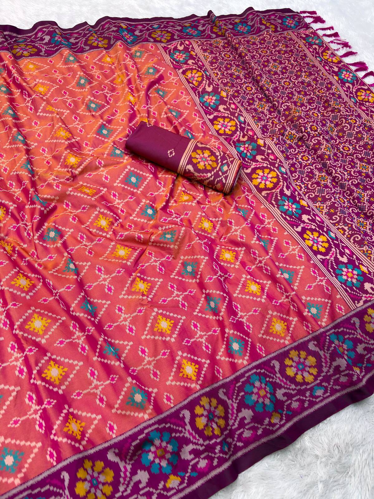 Opulent Pink Patola Silk Saree with Magnetic Blouse Piece