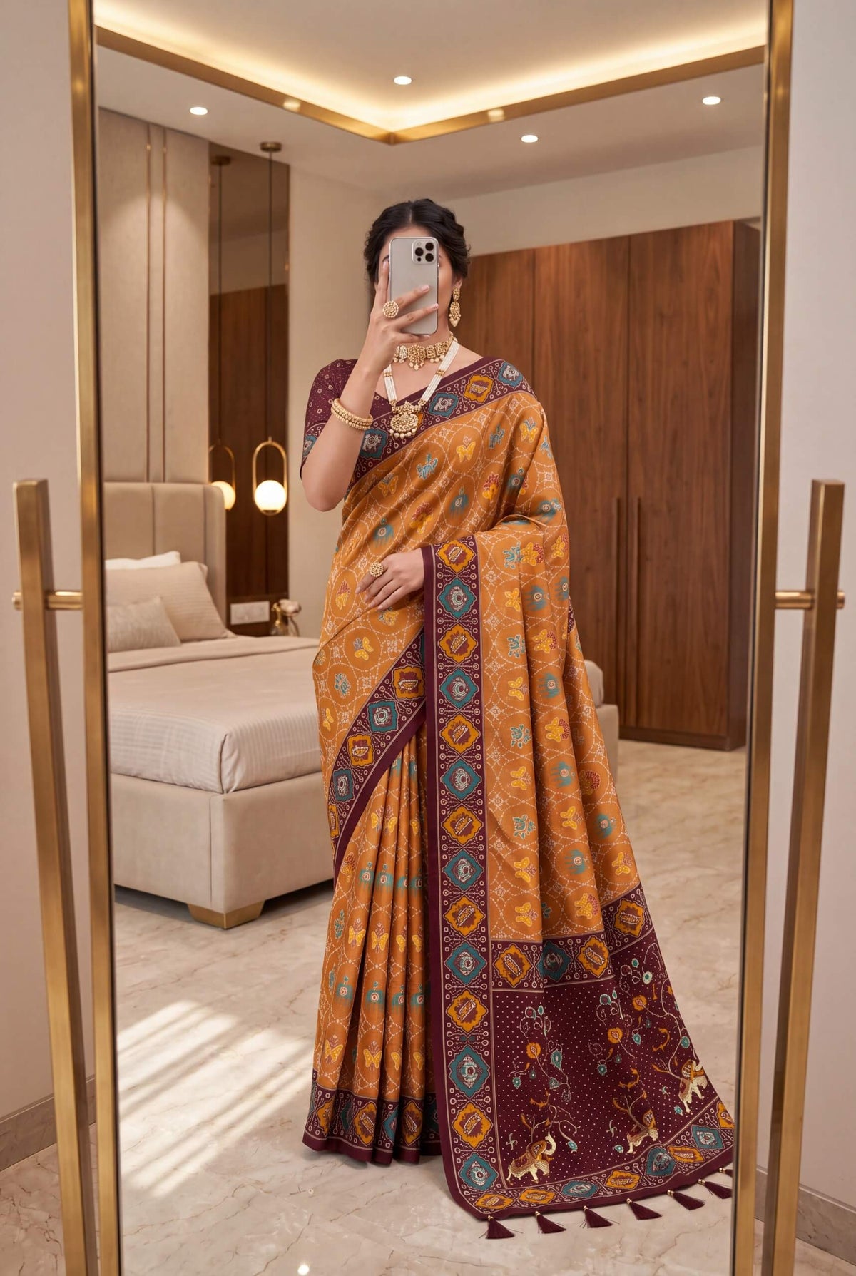 Bucolic Golden Patola Silk Saree with Glamorous Blouse Piece