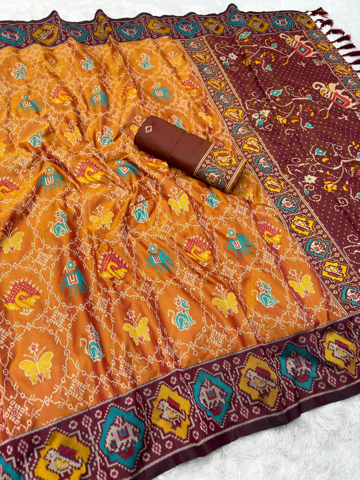 Bucolic Golden Patola Silk Saree with Glamorous Blouse Piece
