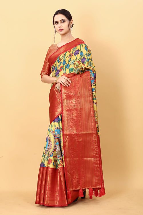 Load image into Gallery viewer, Ideal Yellow Kalamkari Printed Saree With Effervescent Blouse Piece
