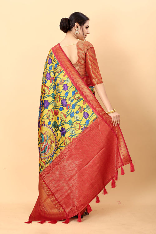 Load image into Gallery viewer, Ideal Yellow Kalamkari Printed Saree With Effervescent Blouse Piece
