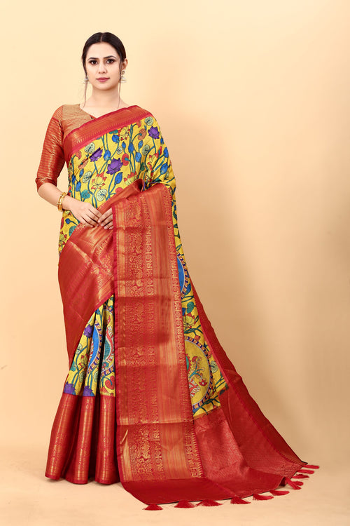 Load image into Gallery viewer, Ideal Yellow Kalamkari Printed Saree With Effervescent Blouse Piece
