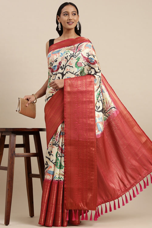 Load image into Gallery viewer, Elegant Beige Kalamkari Printed Saree With Outstanding Blouse Piece
