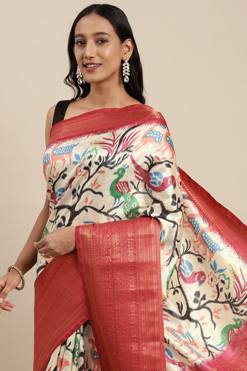 Load image into Gallery viewer, Elegant Beige Kalamkari Printed Saree With Outstanding Blouse Piece
