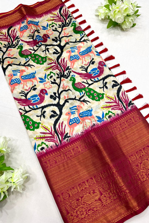 Load image into Gallery viewer, Elegant Beige Kalamkari Printed Saree With Outstanding Blouse Piece
