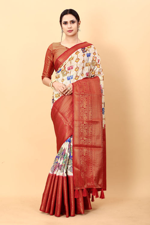 Load image into Gallery viewer, Dissemble Beige Kalamkari Printed Saree With Sempiternal Blouse Piece
