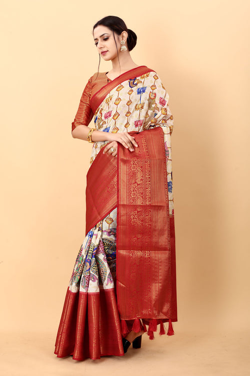 Load image into Gallery viewer, Dissemble Beige Kalamkari Printed Saree With Sempiternal Blouse Piece
