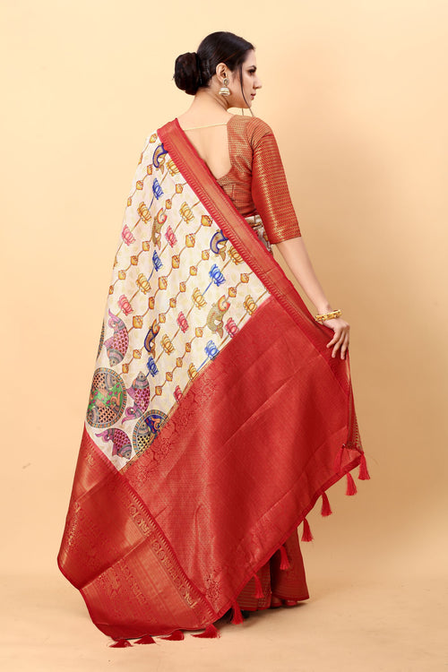 Load image into Gallery viewer, Dissemble Beige Kalamkari Printed Saree With Sempiternal Blouse Piece
