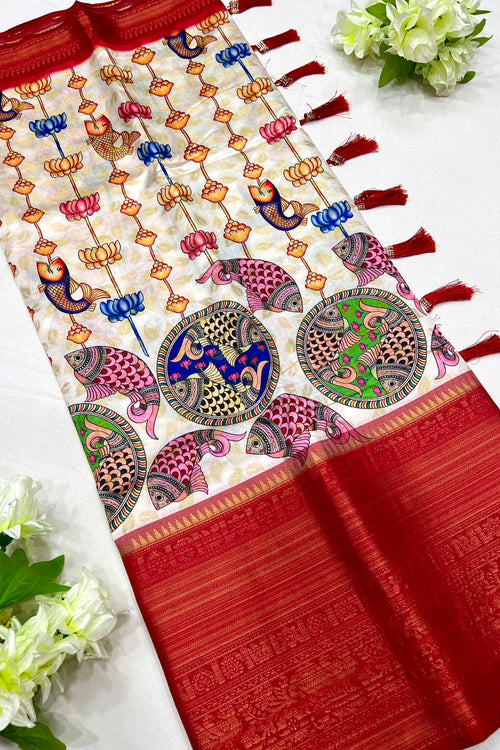 Load image into Gallery viewer, Dissemble Beige Kalamkari Printed Saree With Sempiternal Blouse Piece
