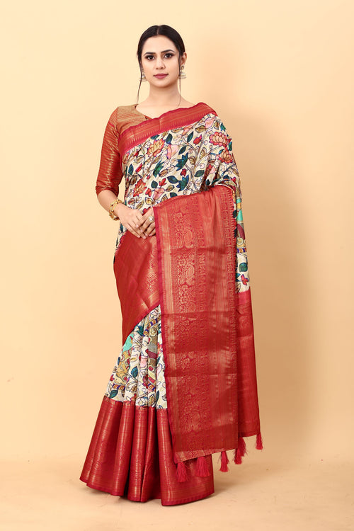 Load image into Gallery viewer, Amiable Beige Kalamkari Printed Saree With Symmetrical Blouse Piece
