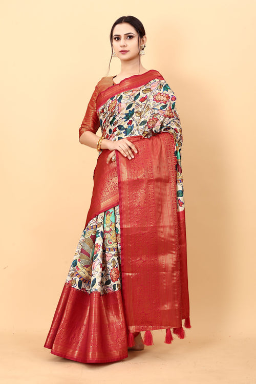 Load image into Gallery viewer, Amiable Beige Kalamkari Printed Saree With Symmetrical Blouse Piece
