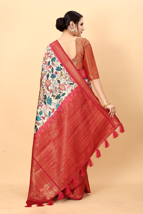 Load image into Gallery viewer, Amiable Beige Kalamkari Printed Saree With Symmetrical Blouse Piece
