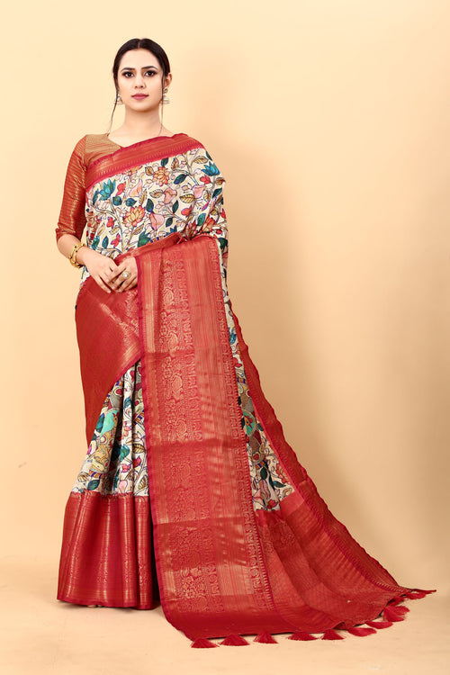 Load image into Gallery viewer, Amiable Beige Kalamkari Printed Saree With Symmetrical Blouse Piece
