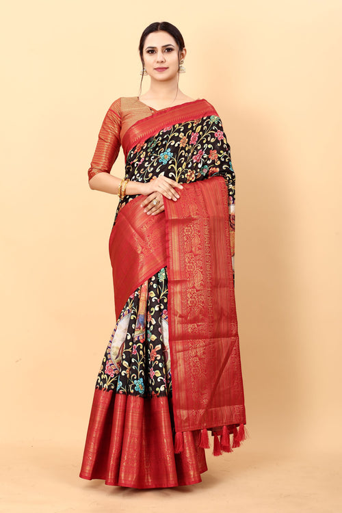 Load image into Gallery viewer, Proficient Black Kalamkari Printed Saree With Symmetrical Blouse Piece
