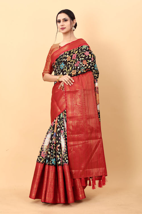 Load image into Gallery viewer, Proficient Black Kalamkari Printed Saree With Symmetrical Blouse Piece
