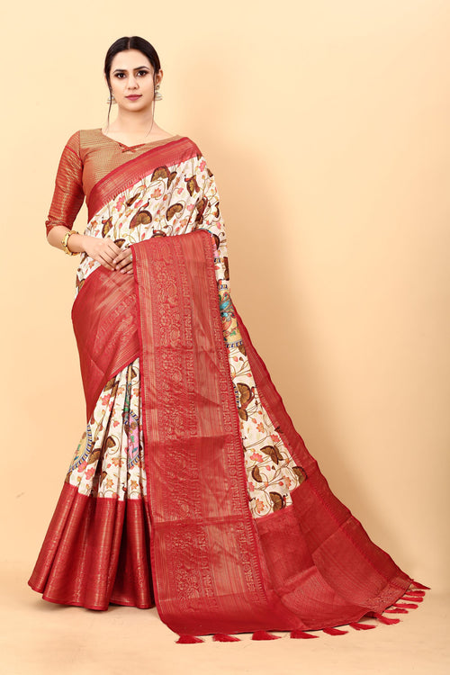 Load image into Gallery viewer, Magnetic Beige Kalamkari Printed Saree With Redolent Blouse Piece
