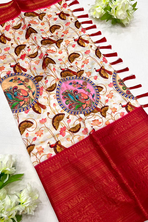 Load image into Gallery viewer, Magnetic Beige Kalamkari Printed Saree With Redolent Blouse Piece
