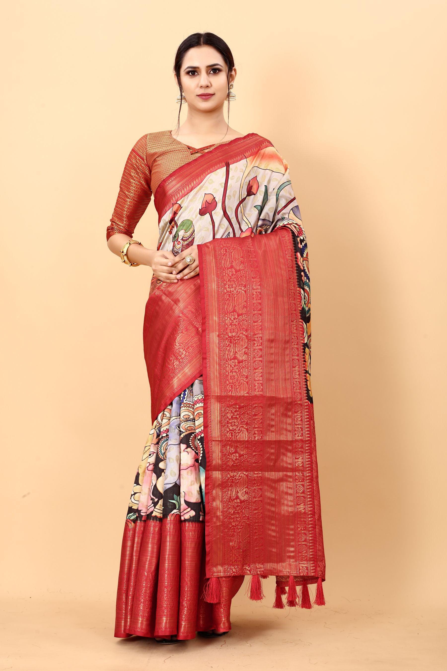 Panoply Beige Kalamkari Printed Saree With Eloquence Blouse Piece