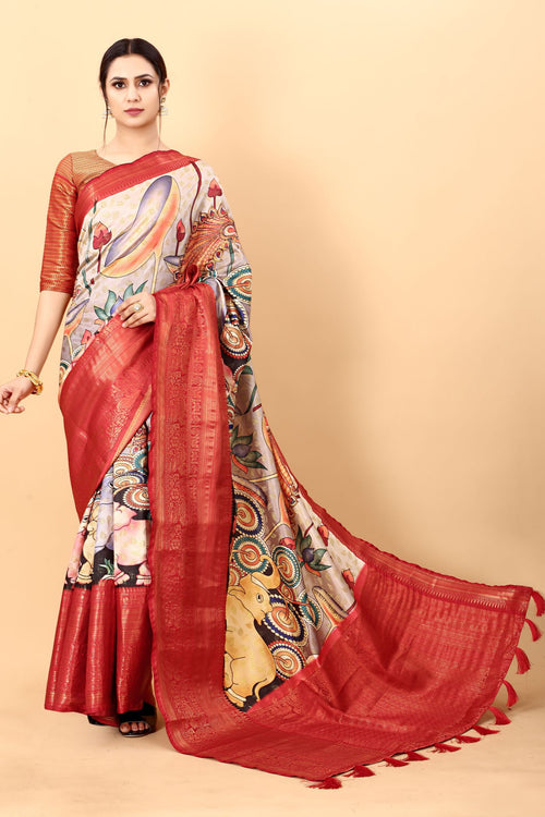 Load image into Gallery viewer, Panoply Beige Kalamkari Printed Saree With Eloquence Blouse Piece
