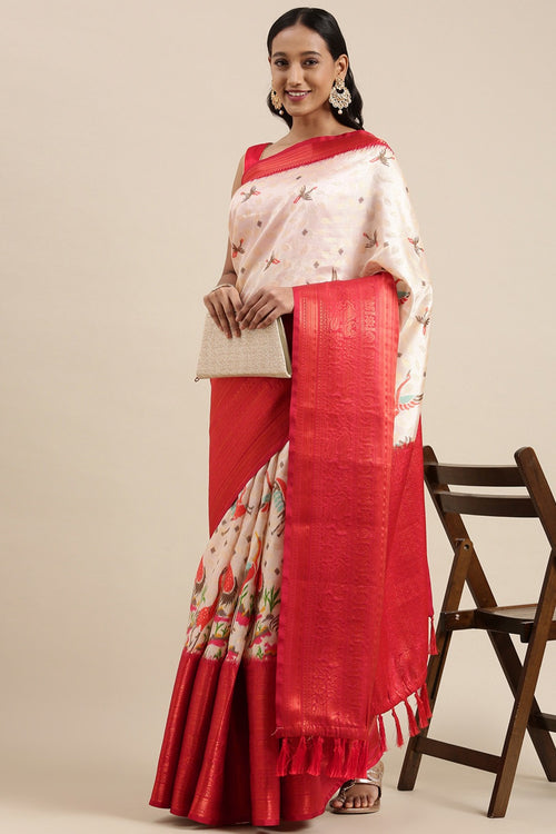 Load image into Gallery viewer, Captivating Off White Kalamkari Printed Saree With Blissful Blouse Piece
