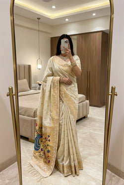 Ephemeral Beige Paithani Silk Saree With Angelic Blouse Piece