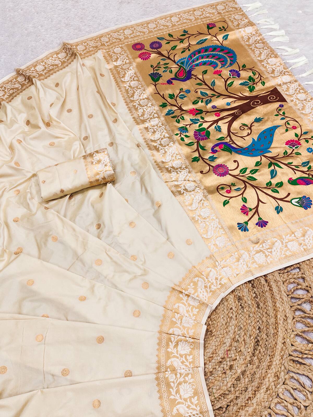 Ephemeral Beige Paithani Silk Saree With Angelic Blouse Piece