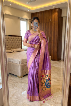 Propinquity Lavender Paithani Silk Saree With Embellished Blouse Piece