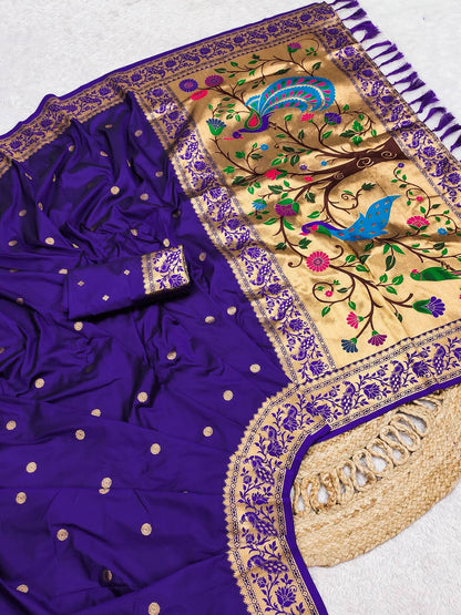 Beautiful Navy Blue Paithani Silk Saree With Mesmeric Blouse Piece