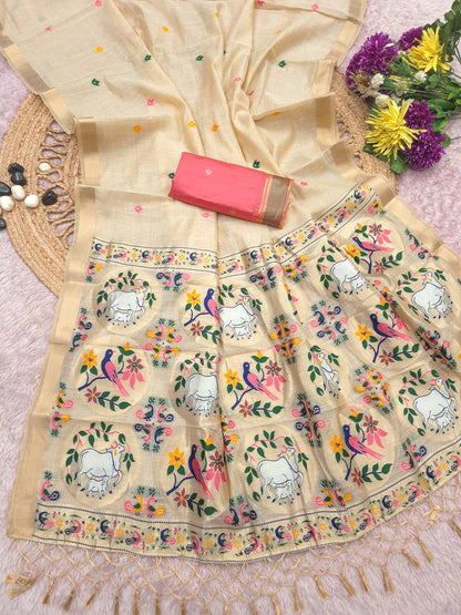 Dalliance Beige Pure Munga Cotton Silk Saree With Groovy Blouse Piece